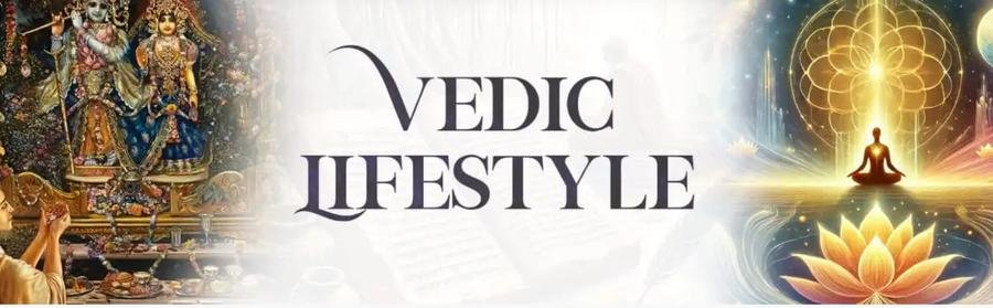 Vedic Lifestyle banner from Vedavarsity, depicting Radha Krishna deities and a meditating figure